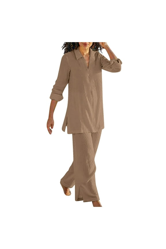 Plus Size Linen Set for Women,2 Piece Vintage Lounge Sets Long Sleeve V Neck Side Slit Blouse Top Wide Leg Pants Matching Loungewear S - 5XL
