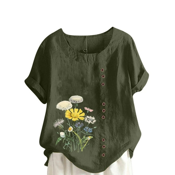 DDAPJ pyju Plus Size Linen Shirt for Womens Floral Printed Short Sleeve Casual Round Neck Blouse Spring Dressy Tops Loose Fit Hide Belly Shirts Lightning Deals Army Green L