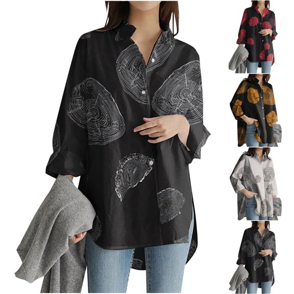 DDAPJ pyju Plus Size Linen Tops for Women Trendy Printed Long Sleeve Button Down Shirts Oversized Boyfriend Casual Summer Lapel Blouse Black M