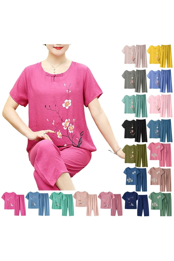 Plus Size Lounge Sets for Women Casual Summer Two Piece Outfits Cotton Linen Short Sleeve Tops and Wide Leg Pants Pjs Matching Set Birthday Gifts Blue XXL
