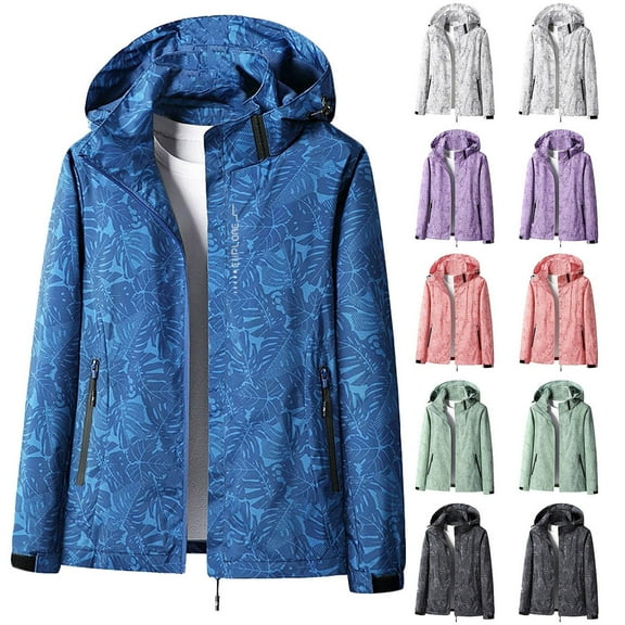 DDAPJ pyju Plus Size Rain Jackets for Women 2024 Trendy Printed Hooded Raincoat Lightweight Waterproof Windbreaker Softshell Hiking Travel Jacket with Pockets Clearance Sale