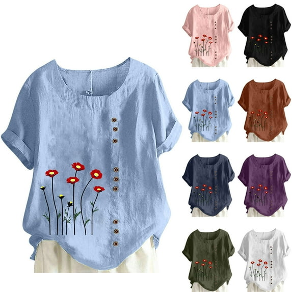 DDAPJ pyju Plus Size Summer Tops for Women Crew Neck Short Sleeve Floral Printed T Shirts Baggy Comfy Linen Blouse Pink L