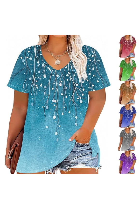 Plus Size T Shirt for Women Floral Graphic Tees V Neck Short Sleeve Tunic Tops Trendy Casual Summer Blouse Sales of Today Red XXXL