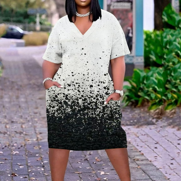 DDAPJ pyju Plus Size T-shirt Dresses for Women 2025 Trendy Gradient Color Short Sleeve V Neck Midi Dresses Oversized Casual Tshirt Dress with Pockets Black XXL