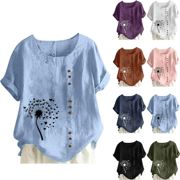 DDAPJ pyju Plus Size Tops for Women Dressy Casual Summer Cotton Linen T Shirts Floral Print Short Sleeve Crewneck Tunic Blouse Limited Time Sales Pink XXXXXL