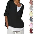 thumbnail image 1 of DDAPJ pyju Plus Size Tops for Women Oversized Short Sleeve V Neck Button T-shirt Cotton Linen Casual Beach Blouse Loose Fit Mid-length Tunic Shirt Limited Time Sales Gray M, 1 of 6