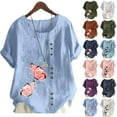 thumbnail image 1 of DDAPJ pyju Plus Size Tops for Women Short Sleeve Cotton Linen T-Shirt Bohemian Floral Printed Dressy Casual Round Neck Blouses Summer Loose Beach Top Army Green X-, 1 of 3