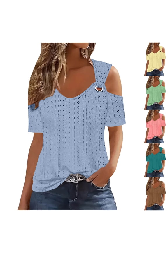 Plus Size Tops for Women Eyelet Summer Blouse Dressy Casual Cold Shoulder Short Sleeve Tees Ofertas relámpago Blue XXXXL