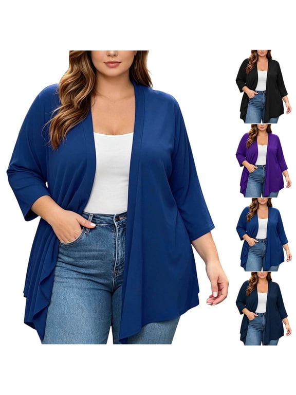 Plus Size Womens Open Front Cardigan Casual Draped Irregular Hem Layering Jacket with Pockets for Fall Winter Daily Wear XXL