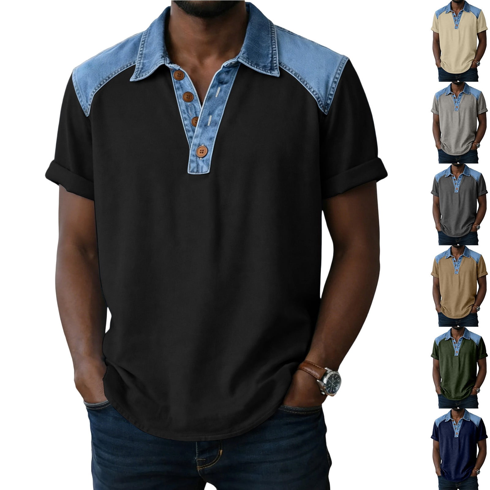 DDAPJ pyju Polos Shirts for Men Short Sleeve Denim Patchwork Golf Shirt ...