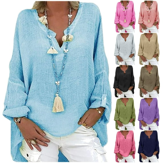 DDAPJ pyju 2025 Women Long Cotton Linen Blouses, Split V-neck Casual Blouse Lightweight Gauze Shirts Vintage Solid Longshirt Plus Size Loose Draped Tops Comfy Maternity Shirt