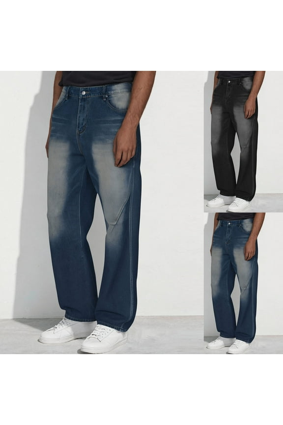 Prime Today Clearance! Mens Vintage Denim Pants Relaxed Fit Flat Front Jeans Casual Work Trousers with Pockets Dark Blue M
