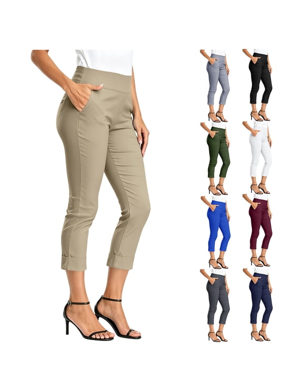Pull On Capri Pants for Women Elastic High Waisted Cropped Dress Pants Business Casual Work Pants Rolled Hem Office Slacks with Pockets White S
