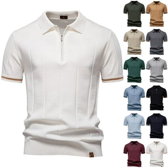 DDAPJ pyju Quarter Zip Polo Shirts for Men Knitting Cotton Golf Polos Summer Casual Short Sleeve Collared T-shirt Rebajas Flash Light Blue L