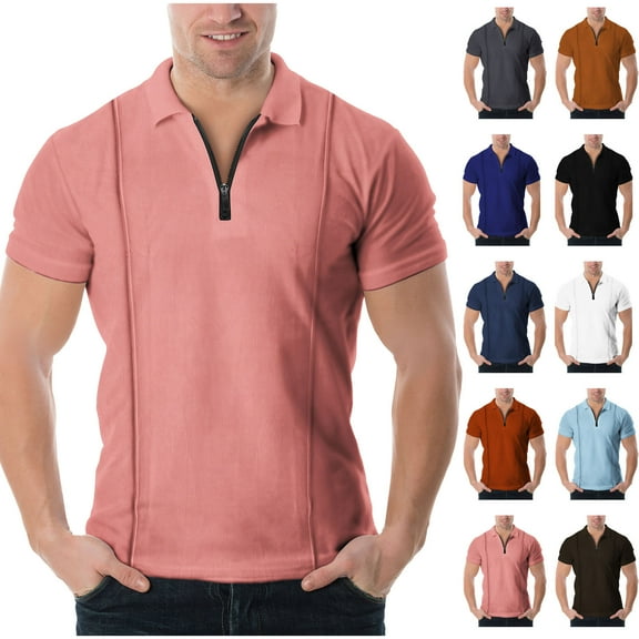 DDAPJ pyju Quarter Zip Polos for Men Slim Fit Stretch Golf Shirt Twill Casual Sports Collared T-shirt Prime Sales Sky Blue L