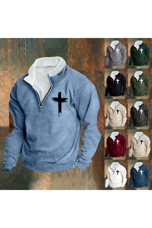 Quarter Zip Sweatshirt for Men Jesus Cross Print Long Sleeve Stand Collar Pullover Sweatshirt Vintage Casual Polos Sweatshirts with Elbow Patches Wine XXXXL