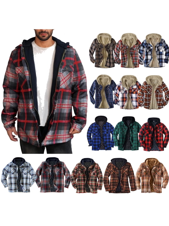 Quilted Lined Hoodie Jacket for Men Big and Tall Button Down Shirt Jacket Long Sleeve Plaid Shacket with Pockets Orange S