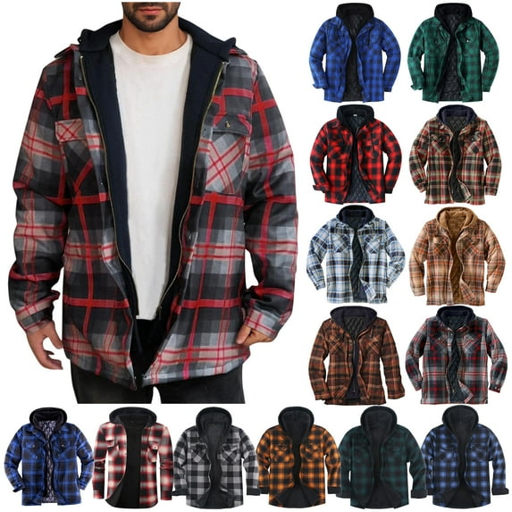 DDAPJ pyju Quilted Lined Jackets for Men Big and Tall Plaid Hooded Shirt Jacket Long Sleeve Zip Up Hoodies Winter Thermal Outerwear Coats with Pockets on Sale Khaki XXXL
