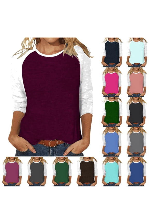 Raglan Shirt Women 3/4 Length Sleeve Tops Baseball T Shirts Trendy Casual Crewneck Tees Light Blue L