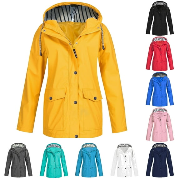 DDAPJ pyju Rain Jacket Women Waterproof Long Hooded Rain Coats Striped Lined Trench Coats Hiking Travel Windbreaker 2024 on Sale