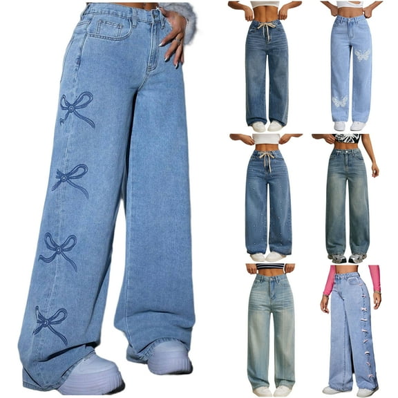 DDAPJ pyju Rhinestone Jeans for Women Wide Leg Baggy Denim Pants Y2K Casual Streetwear Blue L