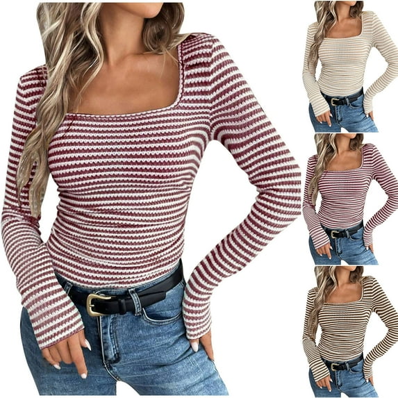 DDAPJ pyju Ribbed Knit Shirts for Women Square Neck Long Sleeve Striped T-shirt Slim Fitted Y2K Going Out Tops Coffee M