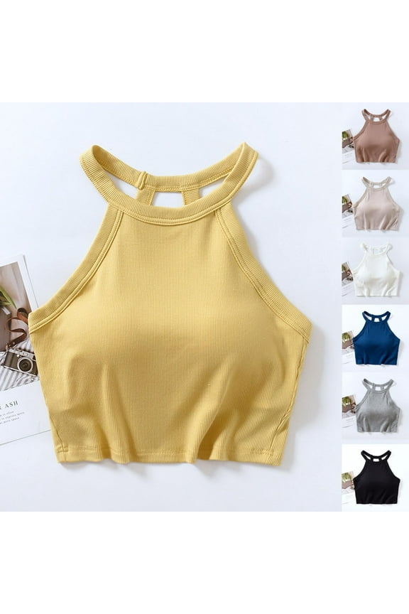 Ribbed Tank Top with Built in Bra for Women Backless Halter Camisole Comfort Workout Undershirt Padded Cami Shirts Holiday Sales White XL