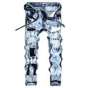 DDAPJ pyju Ripped Jeans for Men Slim Fit Stretch Denim Pants Faded Abraised Casual Skinny Pants Vintage Distressed Work Jean with Patches on Clearance Light Blue XXL