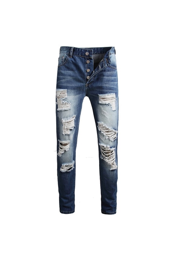 Ripped Jeans for Men Fashion Patchwork Distressed Destroyed Jeans Slim Fit Straight Leg Stretch Jeans Cool Streetwear Skateboard Pants