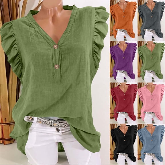 DDAPJ pyju Ruffle Sleeve Tops for Women Dressy Casual Henley Shirt Elegant Summer Blouses Solid V Neck Tunics Red S