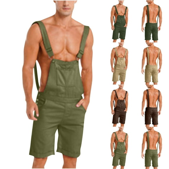 DDAPJ pyju Sales Today Clearance! Mens Bib Overall Shorts Twill Casual Loose Short Jumpsuit Summer Rompers with Pockets Brown M