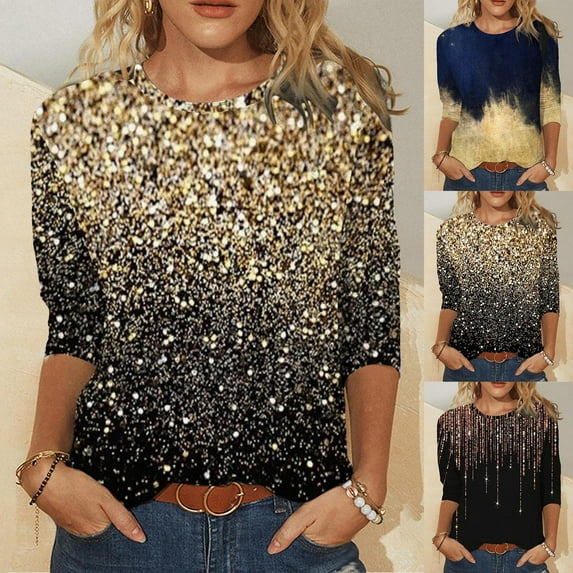 DDAPJ pyju Sequin Printed T-shirt for Women 3/4 Length Sleeve Crewneck Tops Sparkly Glitter Party Tee Shirts Loose Fit Mid-length Pullover Blouse Yellow XXL