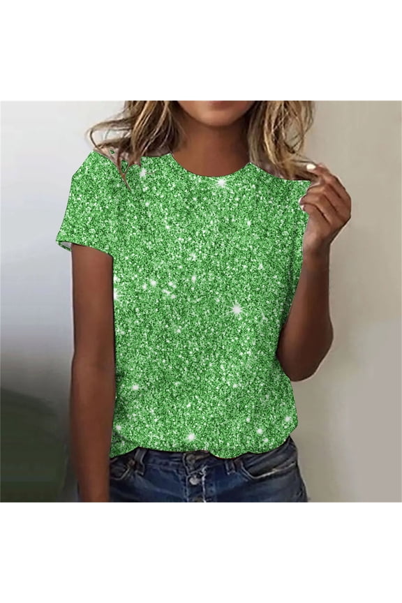 Sequin Tops for Women Fashion Short Sleeve Crewneck T-shirts Shimmer Glitter Tops Sparkly Shirt Concert Disco Party Tee Green XXL