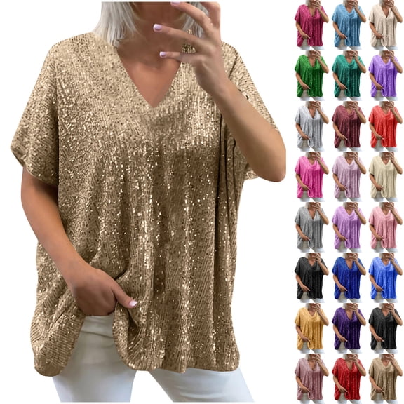 DDAPJ pyju Sequin Tops for Women Party Night Sparkly Glitter Blouses V Neck Short Sleeve Evening Clubwear Tunic Tops Yellow S