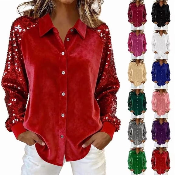 DDAPJ pyju Sequin Tops for Women Sparkly Long Sleeve Button Down Shirts Cocktail Party Sparkly Night Out Blouse Green S