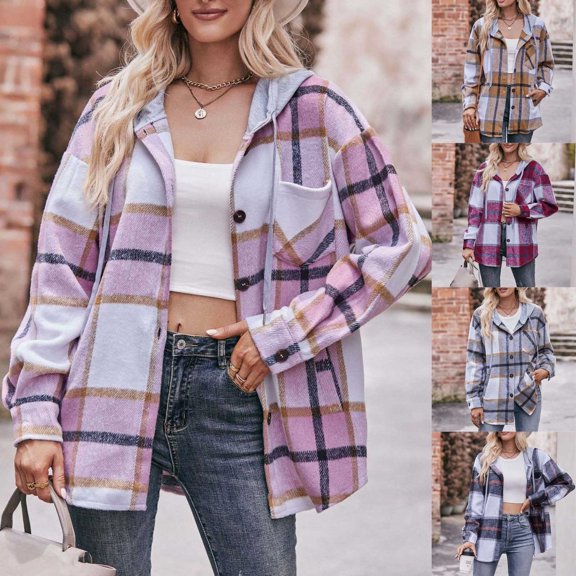 DDAPJ pyju Shackets for Women Lightweight Plaid Hoodie Jackets Oversized Boyfriend Shirt Jacket with Pocket Pink XL