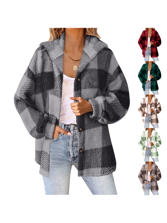 Sherpa Jacket For Women Fuzzy Fleece Winter Coats Plaid Button Down Shacket Teddy Hoodie Coat Trendy Casual Outwear Gray XL