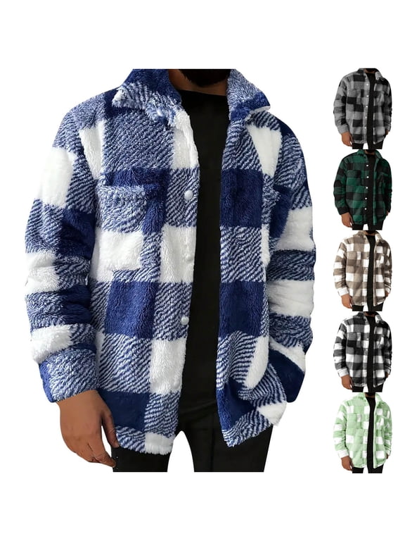 Sherpa Jacket Men Fuzzy Fleece Winter Coats Fashion Casual Plaid Shackets Gingham Teddy Coat Blue XXXL