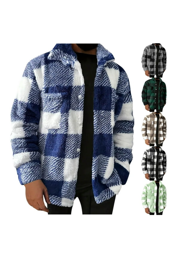 Sherpa Jacket Men Fuzzy Fleece Winter Coats Fashion Casual Plaid Shackets Gingham Teddy Coat Blue XXXL