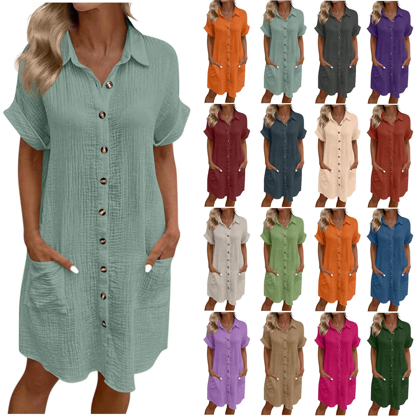 DDAPJ pyju Shirt Dress for Women Short Sleeve Button Down Shirts Summer ...