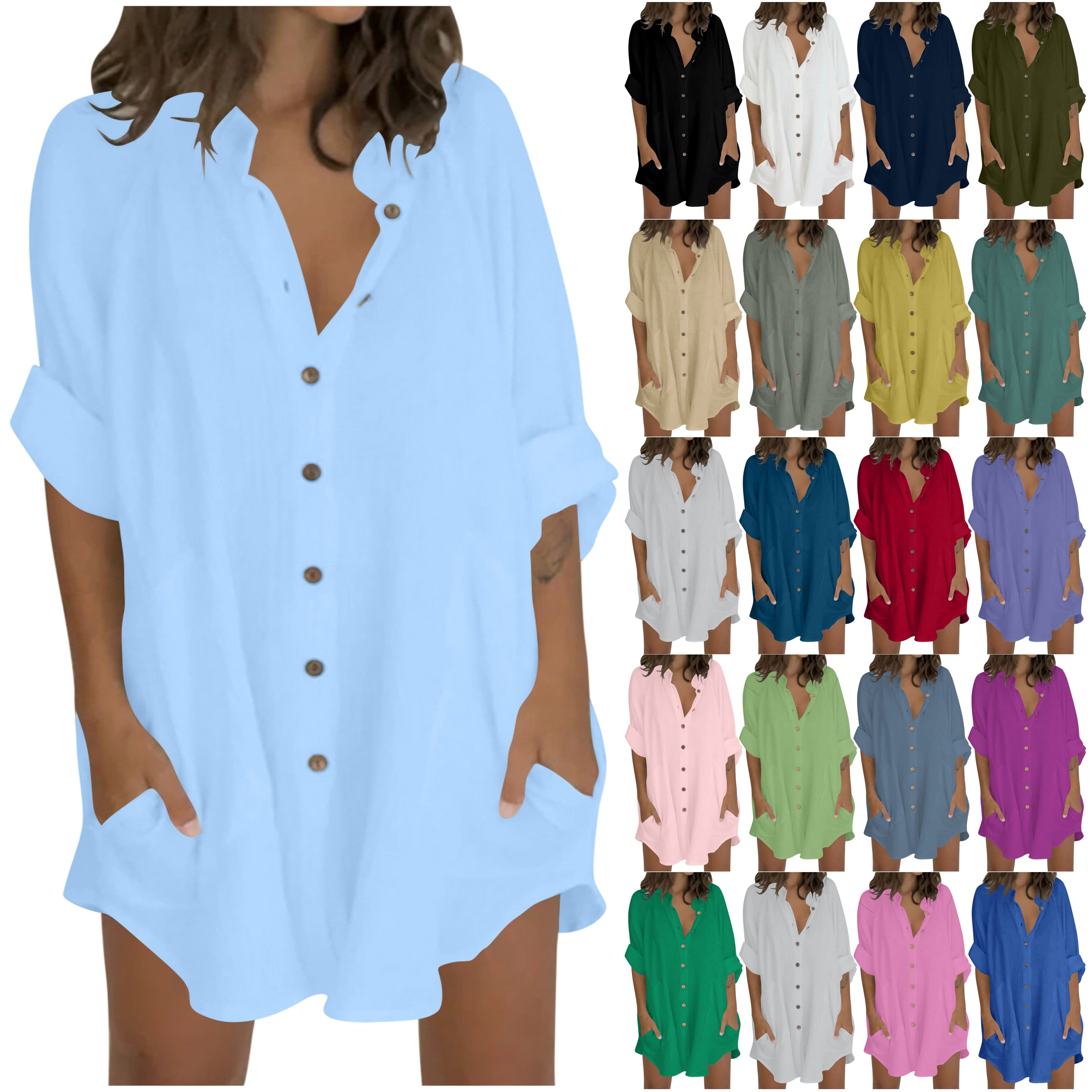 DDAPJ pyju Shirt Dresses for Women 3/4 Sleeve Cotton Linen Button Down ...