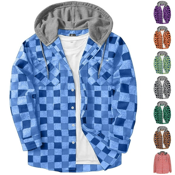 DDAPJ pyju Shirt Jacket for Men Plaid Button Down Hoodie Trendy Casual Long Sleeve Shirts Lightweight Hooded Shacket Jacket with Pockets Gray XXXL
