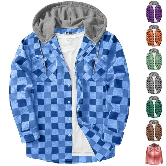 DDAPJ pyju Shirt Jacket for Men Plaid Button Down Hoodie Trendy Casual Long Sleeve Shirts Lightweight Hooded Shacket Jacket with Pockets Purple L