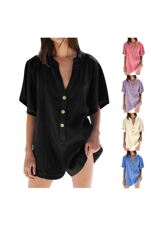 Short Rompers for Women 2025 Summer V Neck Button Down Short Sleeve Jumpsuits Loose Casual Beach Vocation Playsuit Prime Sales Today Beige M