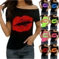 thumbnail image 1 of DDAPJ pyju Short Sleeve Graphic Tees for Women 2026 Summer Fashion Lip Print Tshirt Off The Shoulder Y2k Tops Mint Green XL, 1 of 7