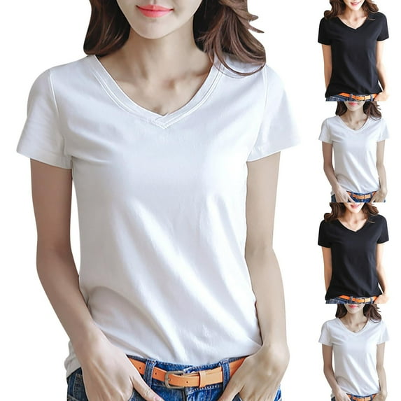 DDAPJ pyju Short Sleeve T Shirts for Women Basic Tees Cropped Tshirts Casual Summer Tops V Neck Plain Petite Tops Black M