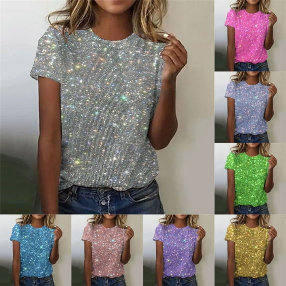 DDAPJ pyju Short Sleeve T-shirts for Women Fashion Sequin Printed Dressy Casual Round Neck Tee Tops Sparkly Glitter Party Tee Shirts Hot Pink L