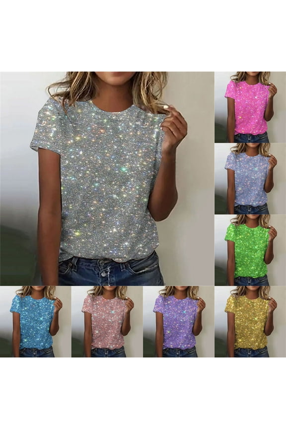 Short Sleeve T-shirts for Women 2025 Fashion Sequin Printed Dressy Casual Round Neck Tee Tops Sparkly Glitter Party Tee Shirts Pink XL