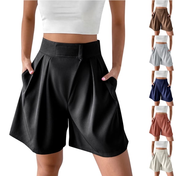 DDAPJ pyju Shorts for Women Dressy Casual Summer Elastic Waist Pleated Wide Leg Shorts Tailored Work Trouser Shorts with Pockets Coffee M