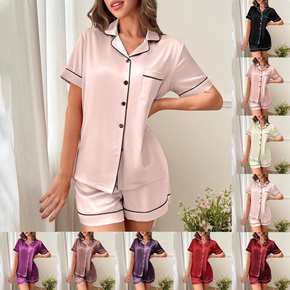 DDAPJ pyju Silk Satin Pajama Set for Women 2 Piece Lounge Pjs Shorts Summer Sleepwear Button Down Shirt and Shorts Matching Set Ofertas del dÃa Red XL